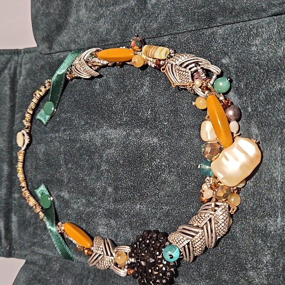 Vintage Artisan Handcrafted Beaded Statement Necklace Boho Cluster Mixed Media
